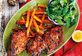 Honingribbetjes met zoete aardappelfriet