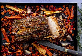 Met bier en mosterd geroosterd varkensgebraad