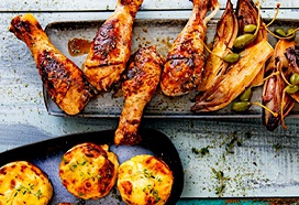 Balsamicokip met radicchio en gratins