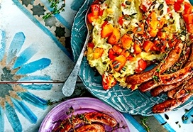 Geroosterde pompoenstamppot met tijmchipolata’s