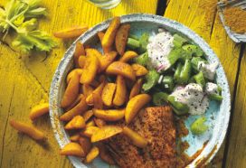 Gegrilde zalm met aardappelpartjes en currypasta