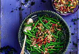 Haricots verts met spek-rösticrumble