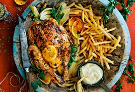 Franse kip met venkel, sinaasappel en Franse friet