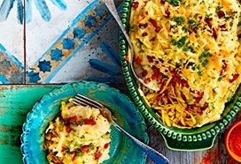 Spitskoolschotel met baconpuree en kaasrösti