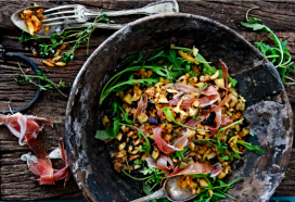 Röstischotel met aubergine en parmaham