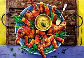 Geroosterde kip met spekkroketjes en homemade joppiesaus