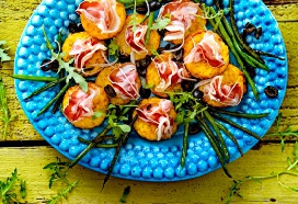 Patate al forno met pancetta en gebakken sperziebonen