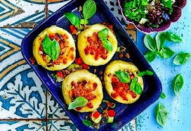 Pureeballen met gehakt, groenten en mozzarella