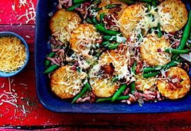 Gegratineerde sperziebonen met spekjes en rösti