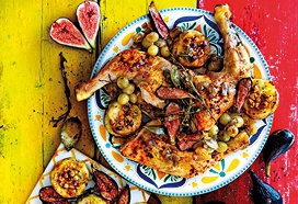 Kip met vijgen, sherry en gratins met hazelnootcrunch