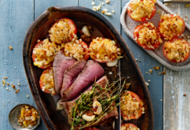 Rosbief met rösti-tomaten en knoflook-tijmjus