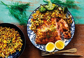 Honing-mosterdzalm met kerrie-dillerösti